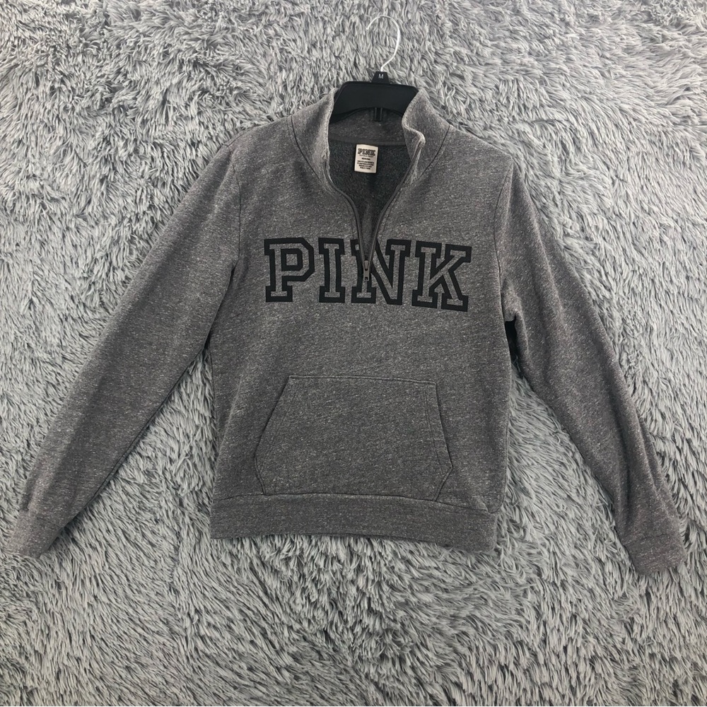 Pink Victorias Secret Pullover Womens Medium Gray Half Zip Spellout